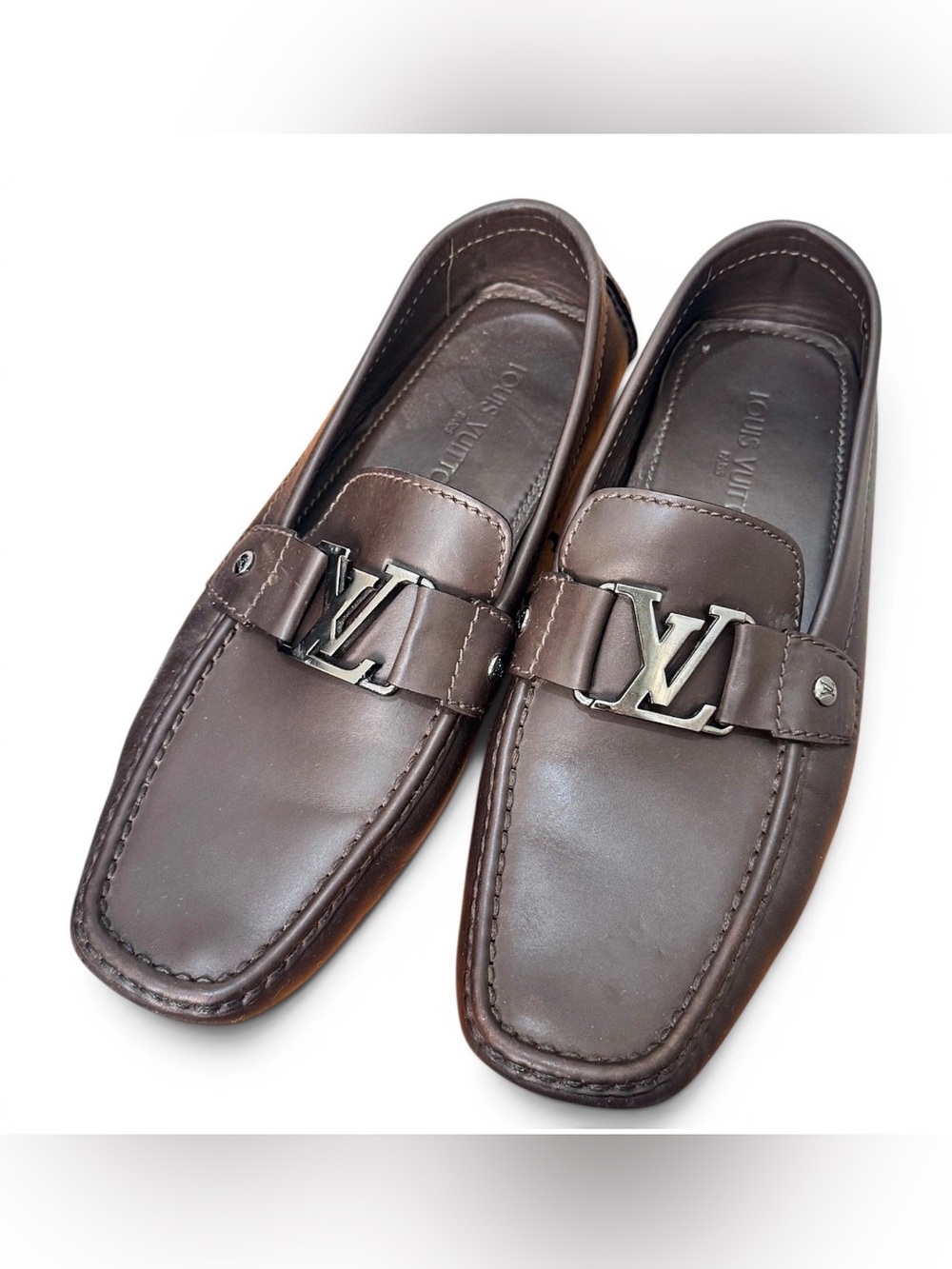 Louis Vuitton Monte Carlo Moccasins Men UK 9 Brown Leather LV Logo Loafers Italy